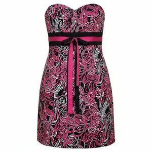 Ann Taylor LOFT Strapless Mini Dress 8 Petite Black Pink White Cotton Belted